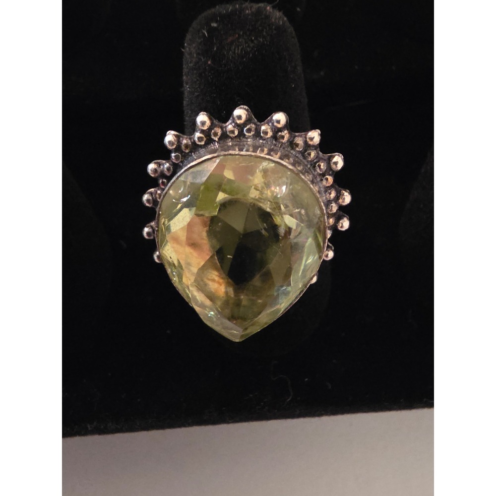 Vintage Sterling Silver 925 Pear Cut Green Gemstone Statement Ring Size 7.25